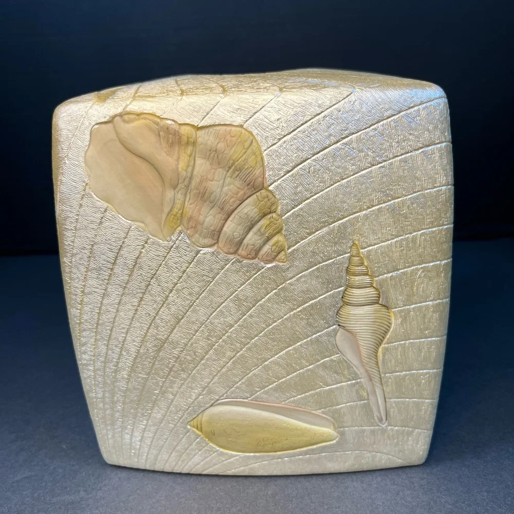 Beach Comber Tissue Box‎ Cover Inlaid Sea Shells Hand Painted Resin Metallic